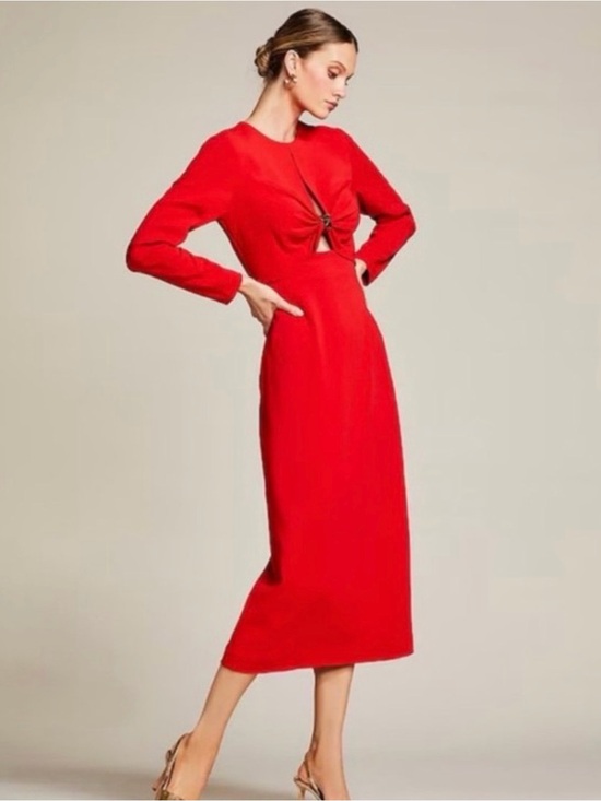 ANTONIO MELANI Dresses & Skirts - ANTONIO MELANI Red Long Sleeve Twist-Front Midi Dress